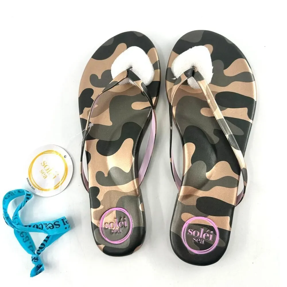 Solei Sea Women's Metallic Gold & Lilac Indie Camo Flip Flop Sandals Size 6